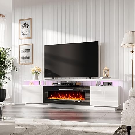 PLAUIN Fireplace TV Stand with 40" Fireplace, 80" Modern High Gloss Fireplace Entertainment Center LED Lights, 2 Tier TV Console Cabinet for TVs Up to 90"