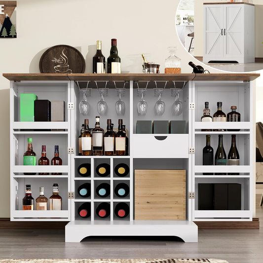 61" Farmhouse Bar Cabinet with 9 Wine Racks & Drawer, Expandable Coffee Station, White