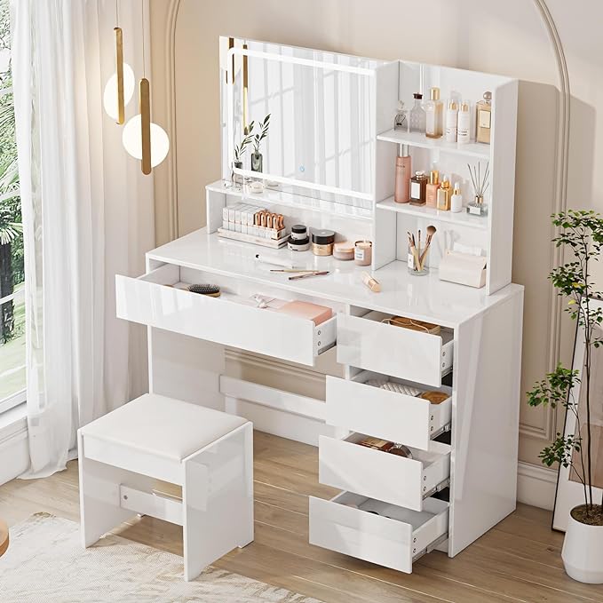 45" High Gloss Vanity Desk with Large Lighted Mirror, Makeup Vanity Table Set with Multiple Drawers & Tiers, 3 Color Modes Glass Mirror, Storage Makeup Cabinet with Hidden Handles, White