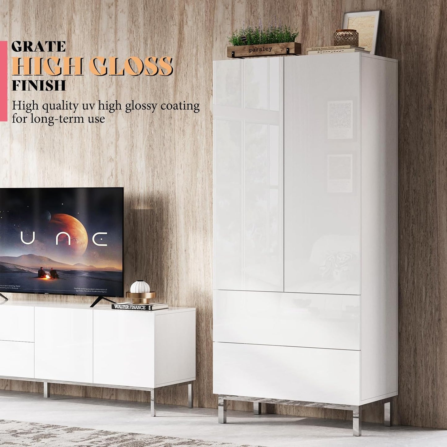 AMERLIFE Modern Tall Kitchen Pantry, 70" Tall Storage Cabinet Bookshelf with Adjustable Shelves & Drawer, Kitchen Pantry Cabinet for Living Room, White