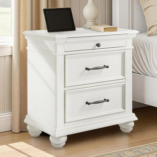VANACC Solid Wood Nightstand with Fully Assembled, 28" Wide Vintage Farmhouse Bedside Table with USB Ports for Bedroom, Antique White