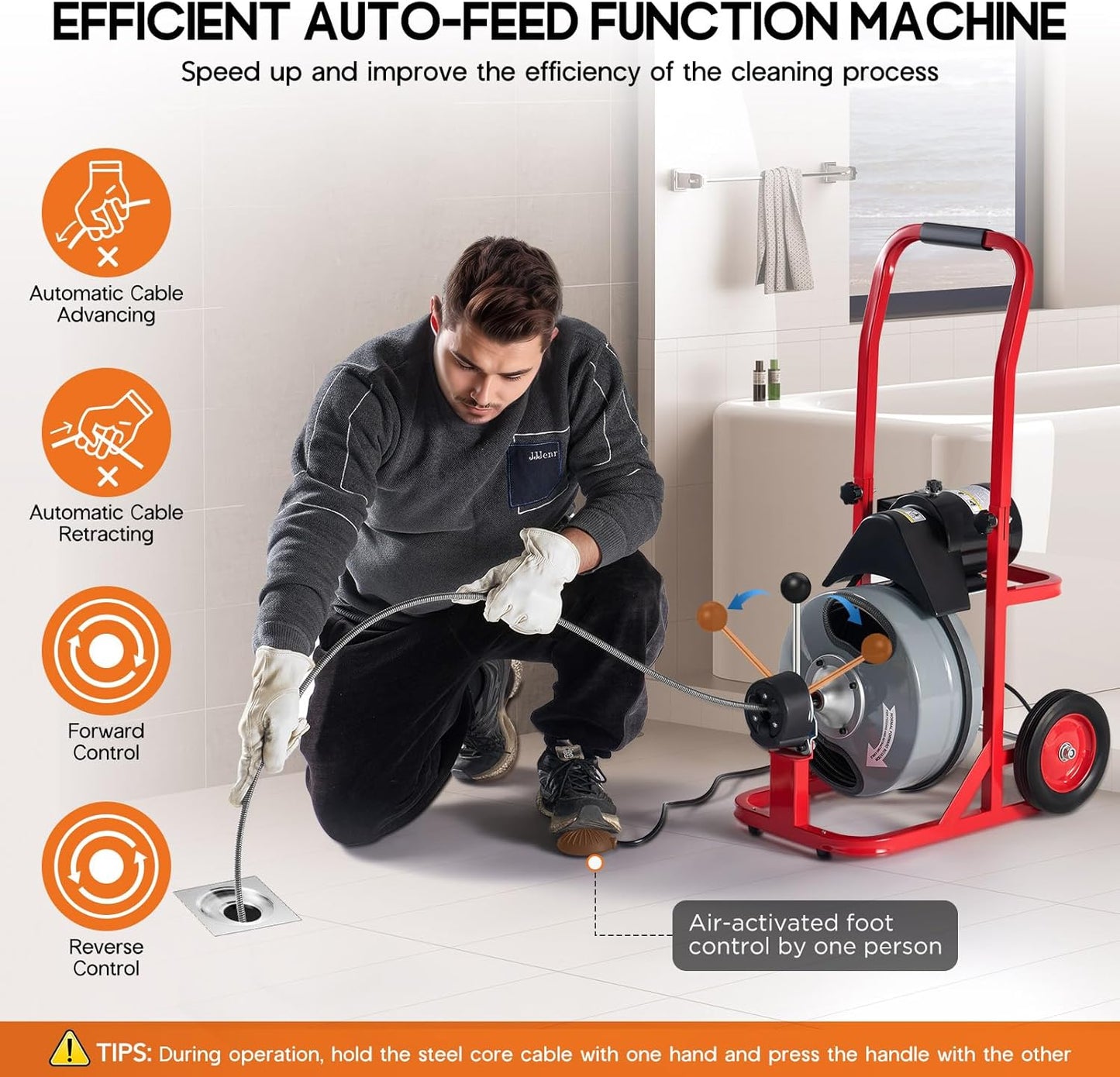 Jocisland 75 FT x 3/8 inch Drain Cleaner Machine, Auto Feed Electric Drain Snake with 10 Cutters & Air-activated Foot Switch for 1 to 4 Inch Pipes, Sewer Snake Auger, Grey/Red