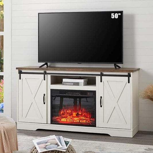 VanAcc 59" Farmhouse Fireplace Entertainment Center with Storage Cabinets/Adjustable Shelves