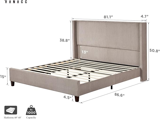 Queen Size Platform Bed Frame, 50.8" Corduroy Upholstered Bed with Vertical Channel Tufted Headboard/Wooden Slats/Wingback/No Box Spring Required/Taupe