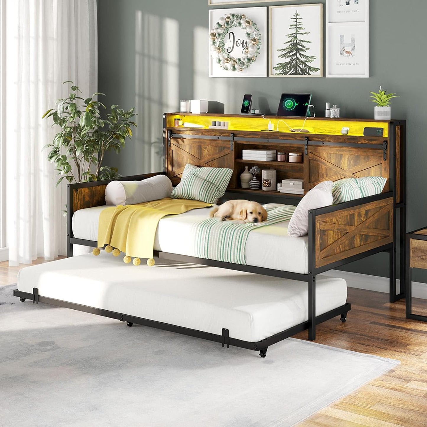 Twin Daybed with Trundle, Farmhouse Bed Frame with Charging Station & LED Light, Brown