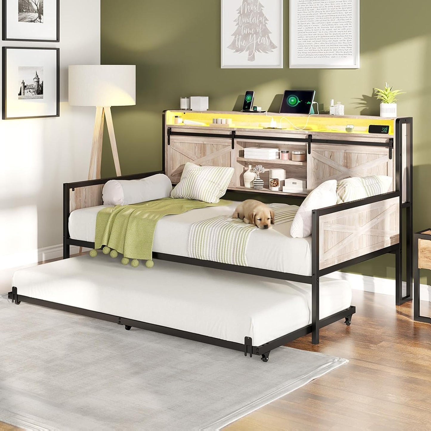Twin Daybed with Trundle, Farmhouse Bed Frame with Charging Station & LED Light, Brown