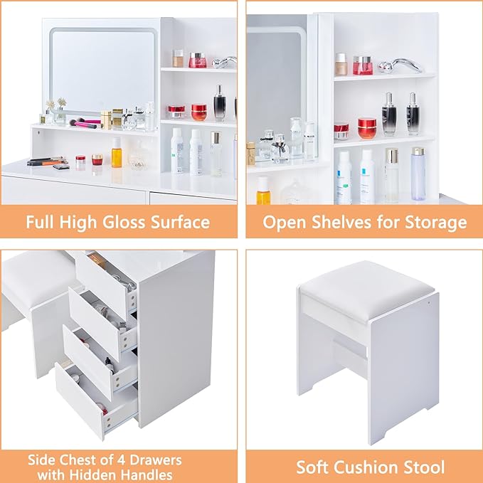 45" High Gloss Vanity Desk with Large Lighted Mirror, Makeup Vanity Table Set with Multiple Drawers & Tiers, 3 Color Modes Glass Mirror, Storage Makeup Cabinet with Hidden Handles, White
