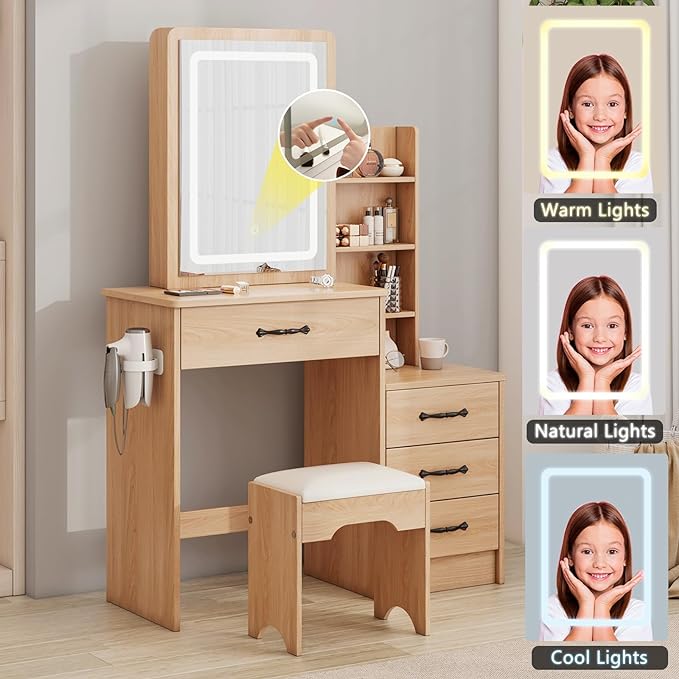 Makeup Vanity Set with Lights & Sliding Mirror, Vanity Desk with 4 Drawers and Shelves, Small Vanity Dressing Table, 3 LED Lights Vanity Stool Set, Suitable for Teenagers, Natural Color