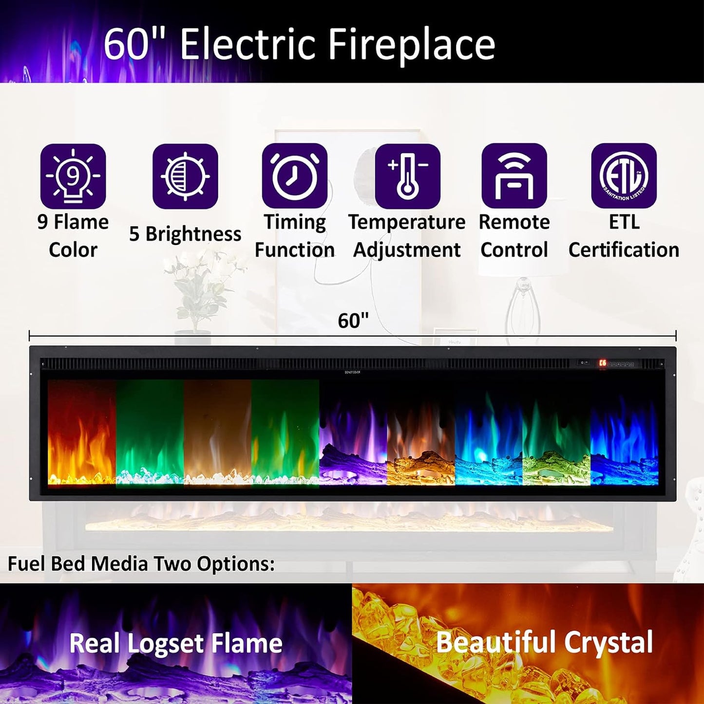 65" Fireplace TV Stand with 60" Glass Electric Fireplace, Industrial & Farmhouse Media Entertainment Center with Open Shelve Storage for TVs Up to 75", TV Console for Living Room, Gray