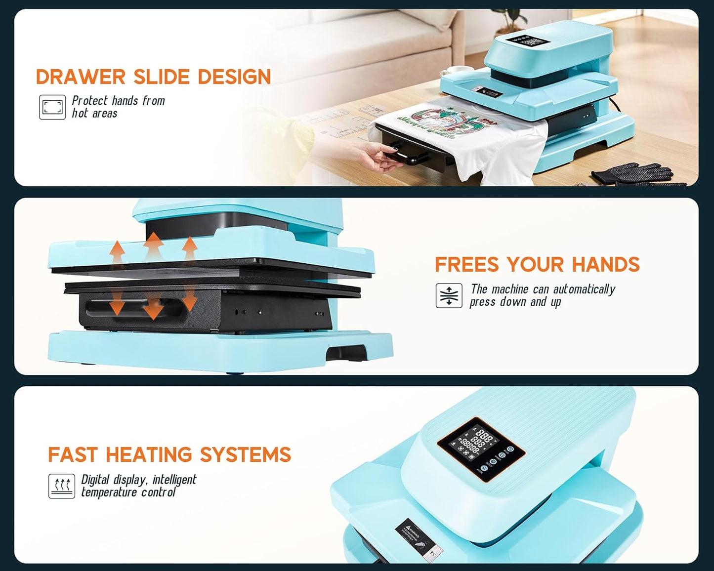 LUXOAK 15x15 Inch Heat Press Machine with Auto Release, Smart T-Shirt Printing for HTV, Sublimation & Heat Transfer, Includes 8pc T-Shirt Templates, Light Blue
