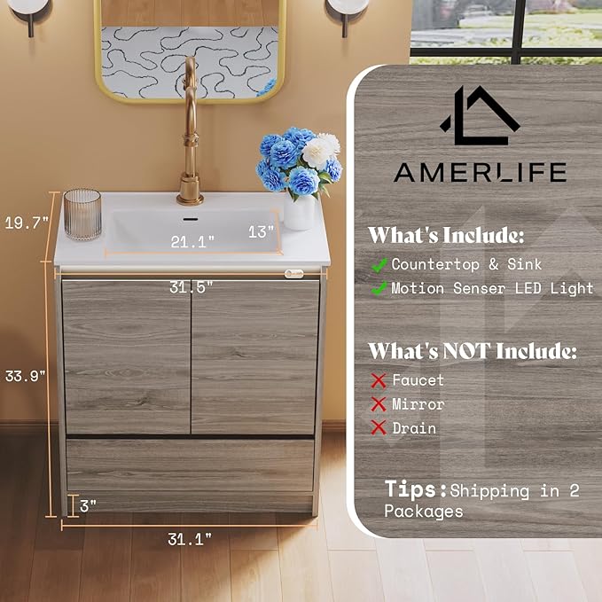 31" LED Lights Bathroom Vanity with Sink Combo, Motion Sensor Lights Mid-Century Modern Small Single Bathroom Cabinet Set, Integrated Sink, Soft Closing Doors & Drawers, Grey