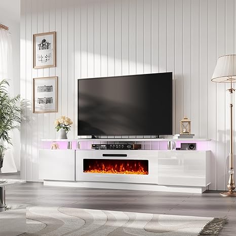 PLAUIN Fireplace TV Stand with 40" Fireplace, 80" Modern High Gloss Fireplace Entertainment Center LED Lights, 2 Tier TV Console Cabinet for TVs Up to 90"