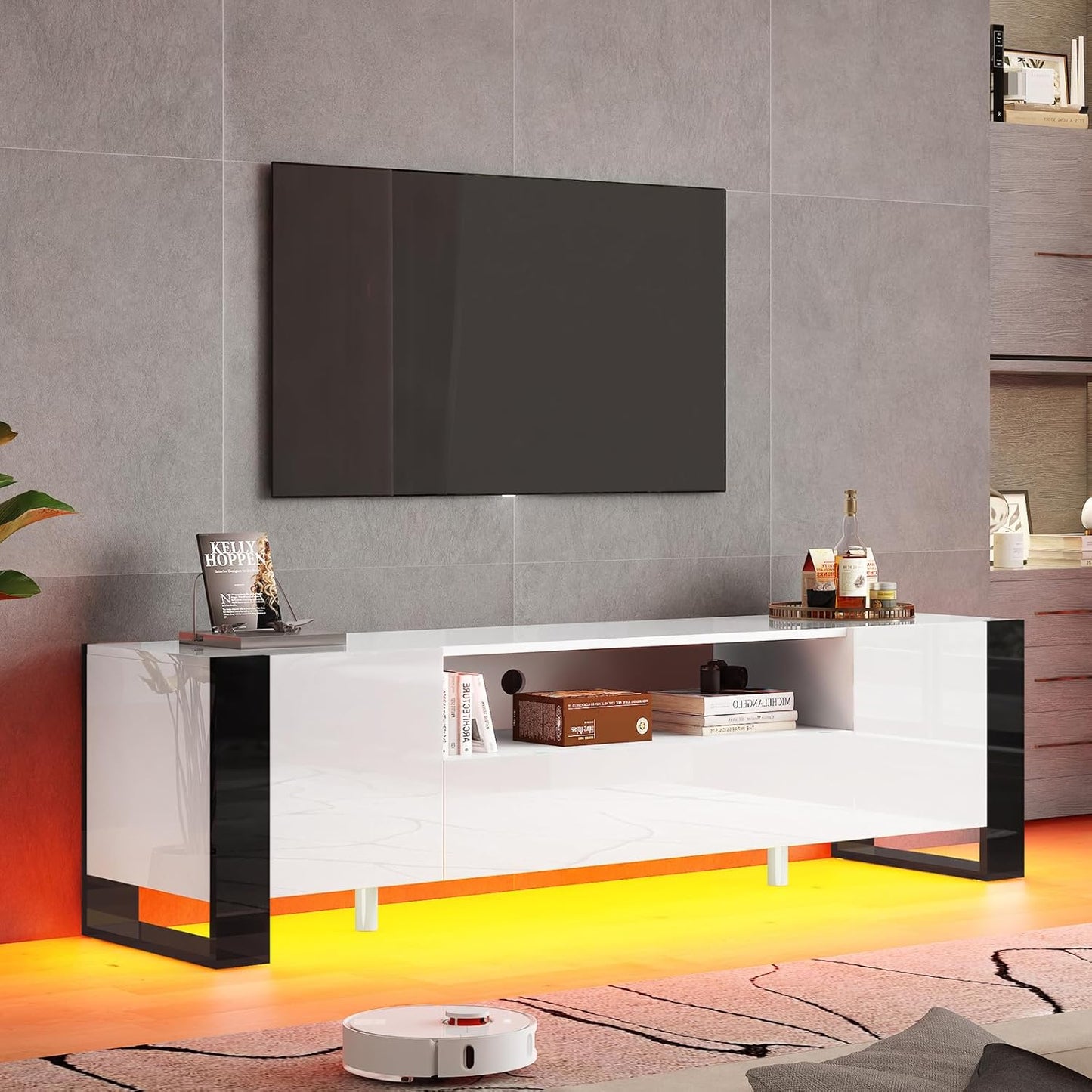 VANACC 70 Inch TV Stand with LED Lights, Modern TV Stand with 2 Drawers High Gloss Entertainment Center for Living room, Game room, TV Closets for TVs up to 80"