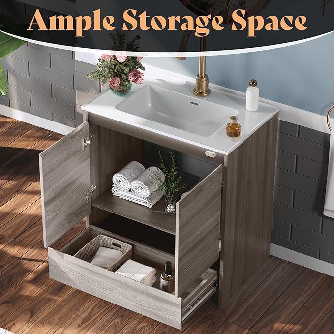 31" LED Lights Bathroom Vanity with Sink Combo, Motion Sensor Lights Mid-Century Modern Small Single Bathroom Cabinet Set, Integrated Sink, Soft Closing Doors & Drawers, Grey