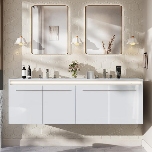 60" LED Floating Bathroom Double Vanity with Sink Combo, Modern High Gloss Wall Mounted Bathroom Storage Cabinet with 3 Hole Sink & & Metal Handles & Soft Closing Doors