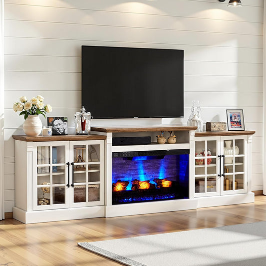 97" Farmhouse Fireplace TV Stand, Entertainment Center with Adjustable Shelf, White