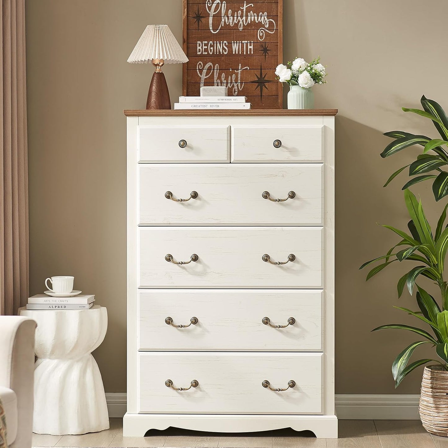 Farmhouse 6 Drawers Dresser for Bedroom, Wood Chest of Drawers with Metal Handle, White