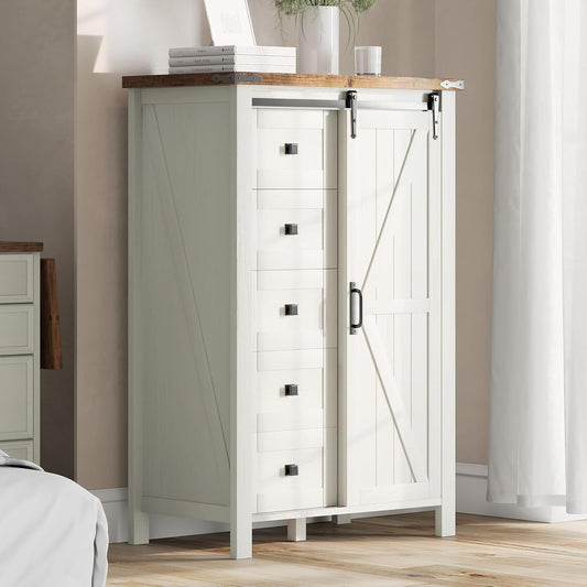 Farmhouse Sideboard Buffet Cabinet with 5 Drawers & Sliding Barn Door for Living Room, White