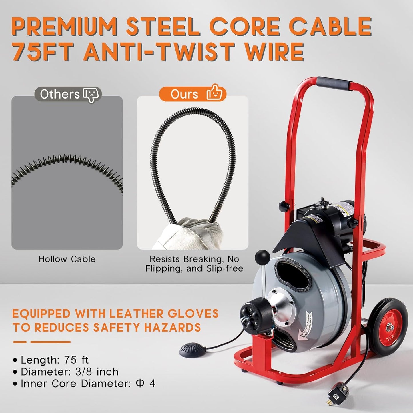 Jocisland 75 FT x 3/8 inch Drain Cleaner Machine, Auto Feed Electric Drain Snake with 10 Cutters & Air-activated Foot Switch for 1 to 4 Inch Pipes, Sewer Snake Auger, Grey/Red