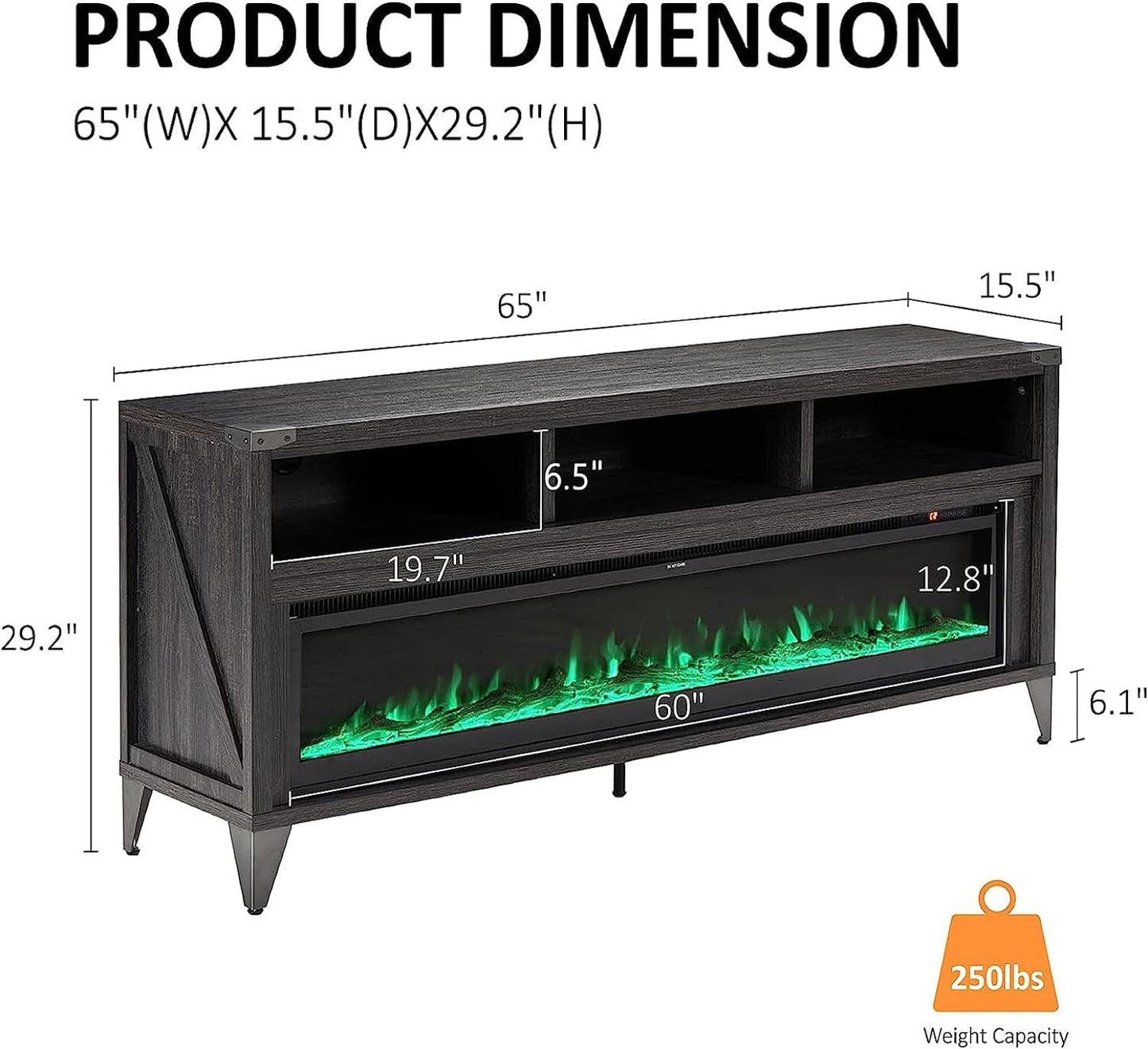 65" Fireplace TV Stand with 60" Glass Electric Fireplace, Industrial & Farmhouse Media Entertainment Center with Open Shelve Storage for TVs Up to 75", TV Console for Living Room, Gray