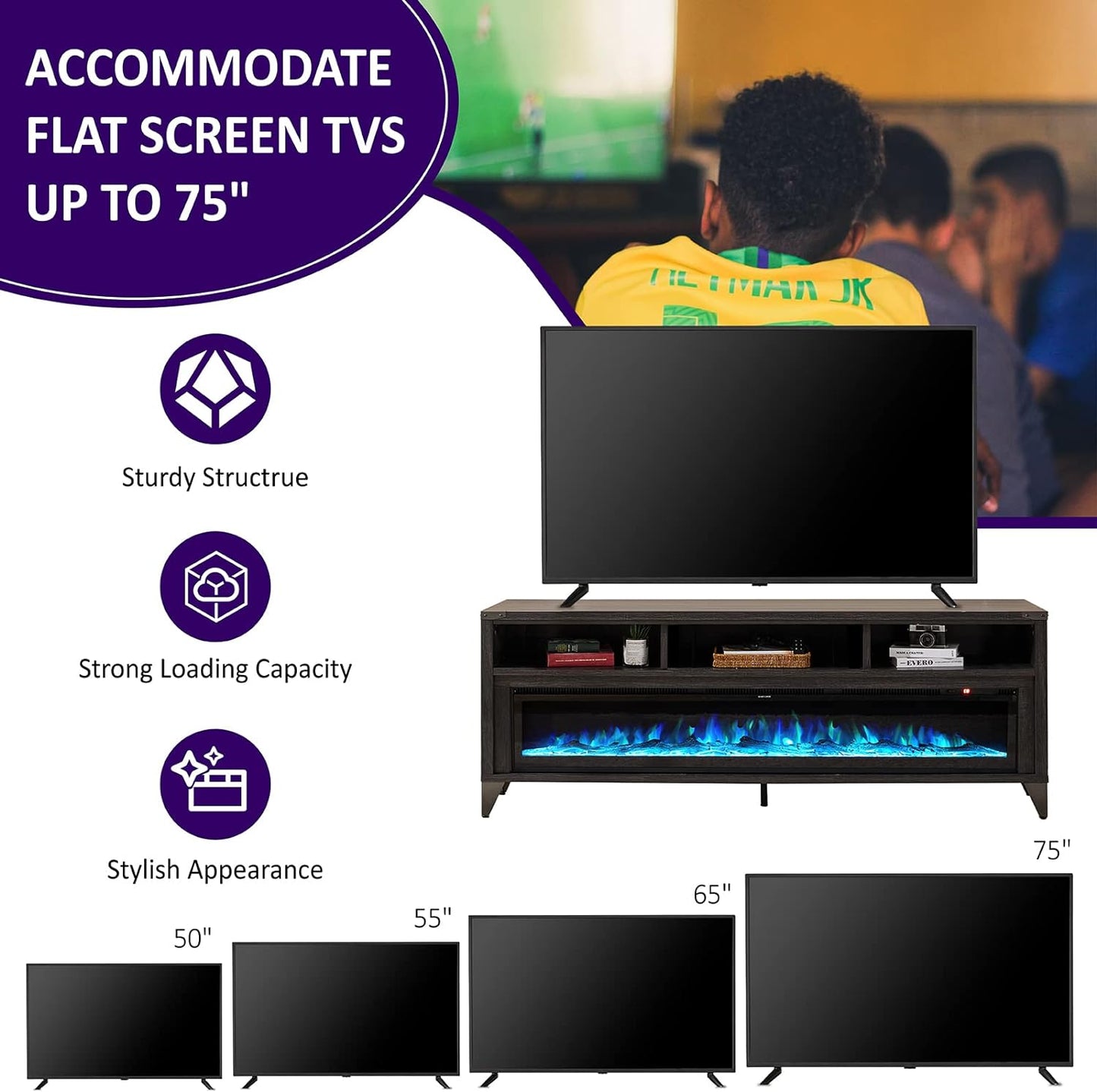 65" Fireplace TV Stand with 60" Glass Electric Fireplace, Industrial & Farmhouse Media Entertainment Center with Open Shelve Storage for TVs Up to 75", TV Console for Living Room, Gray