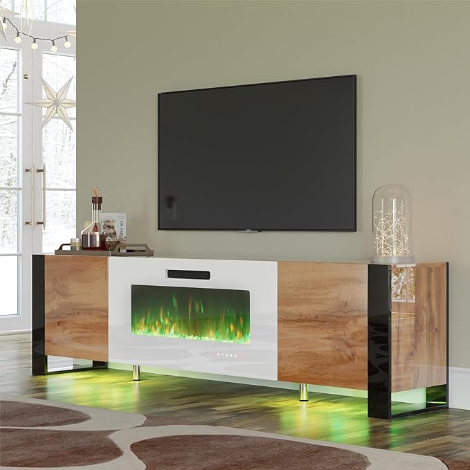 70" Fireplace TV Stand with 36" Electric Fireplace, High Gloss Entertainment Center with LED Lights, Modern Entertainment Stand for TVs up to 80", Black