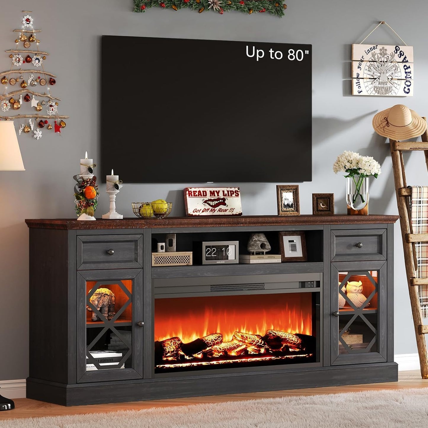 Farmhouse 70" TV Stand with Fireplace,Large LED Media Entertainment Center for 80" TVs,White