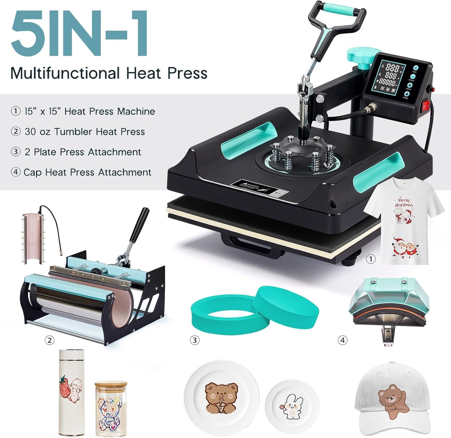 Jocisland 5-in-1 Combo Heat Press, 15x15 360° Swing Away Heat Press Machine for T Shirts Mugs Hat Plate Cap, Digital Sublimation Machine, Green Black