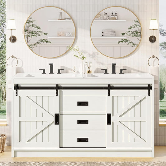 61" Farmhouse Double Bathroom Vanity with Sink Combo, Dual Basin Bathroom Storage Cabinet with Sliding Barn Doors & Drawers, Large Double Bath Vanity Sink Set