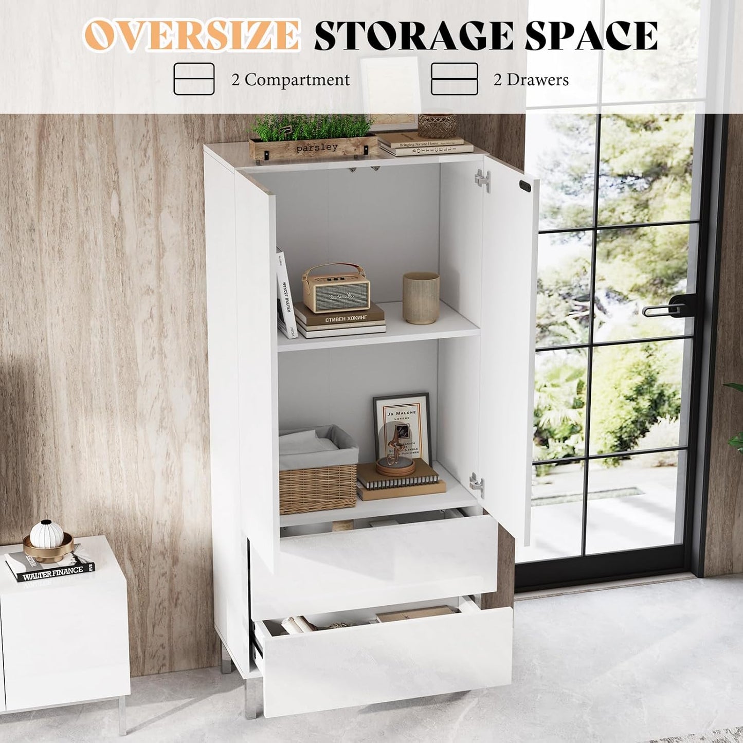 AMERLIFE Modern Tall Kitchen Pantry, 70" Tall Storage Cabinet Bookshelf with Adjustable Shelves & Drawer, Kitchen Pantry Cabinet for Living Room, White