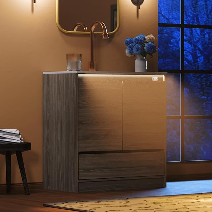 31" LED Lights Bathroom Vanity with Sink Combo, Motion Sensor Lights Mid-Century Modern Small Single Bathroom Cabinet Set, Integrated Sink, Soft Closing Doors & Drawers, Grey