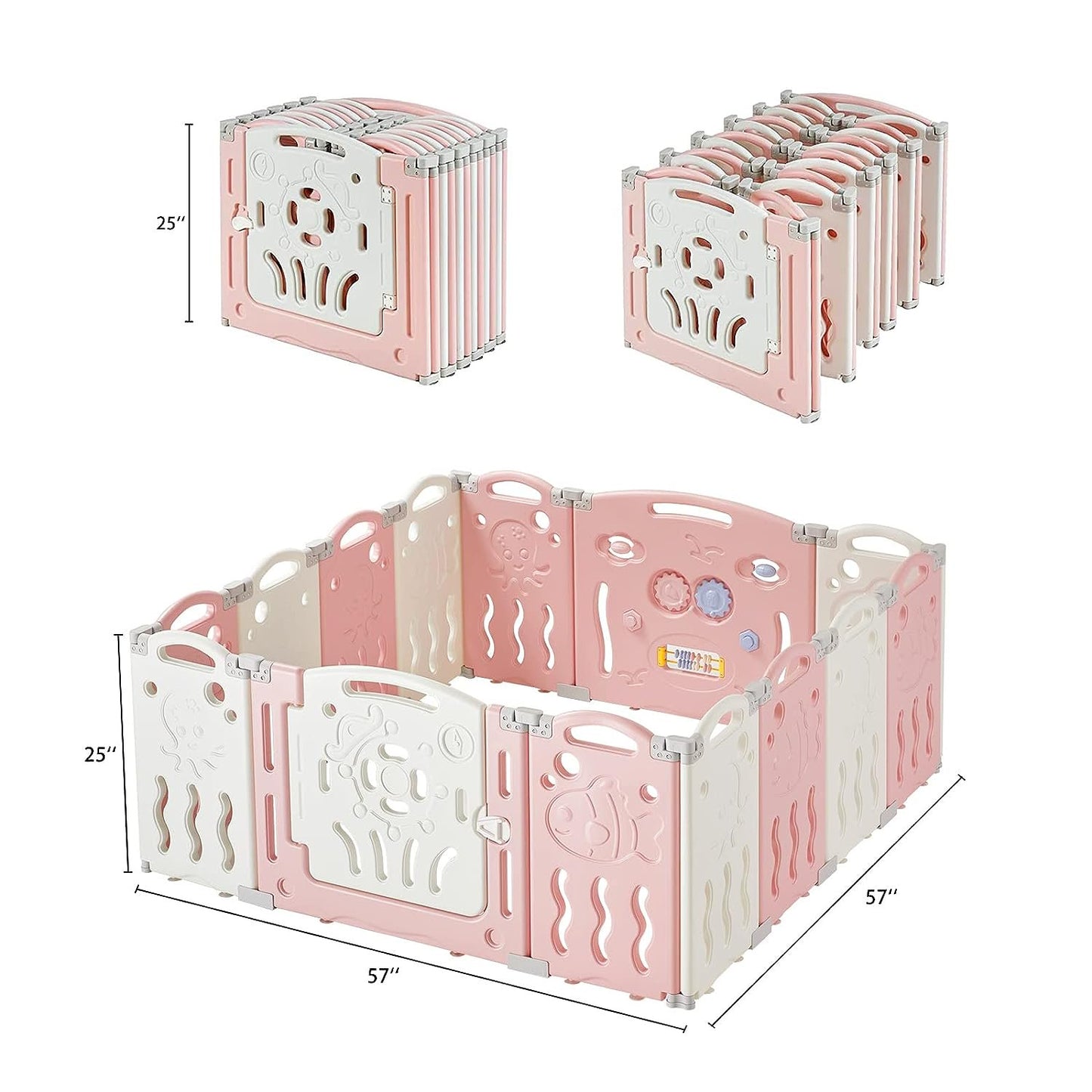 Jocisland 14-Panel Baby Playpen with Game Panel & Safety Gate, Foldable, Adjustable Shape, Portable Play Yard for Toddlers (Pink+White)