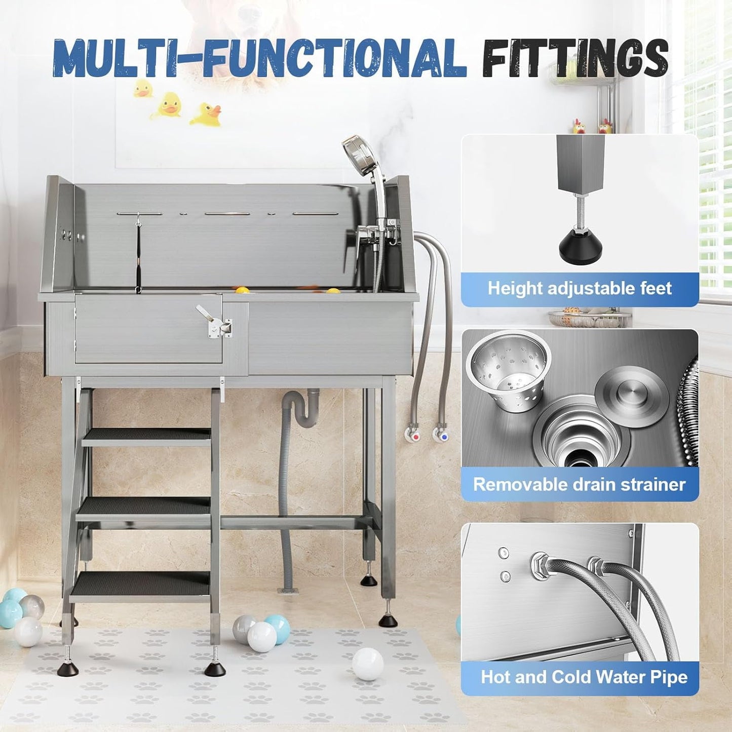 Jocisland 34 in Dog Washing Station, 304 Stainless Steel Pet Wash Station with 3 Flow Adjustable SJocislandrhead and Height, Professional Dog Bathtubs for Small Dogs (Left)