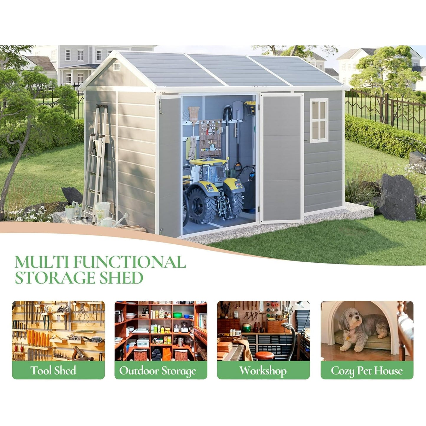 LUXOAK 10.5x7.6x7.5 FT Resin Storage Shed with Floor, Tool Shed Outdoor Storage with Vents, Windows, and Stainless Steel Cores, for Bicycles/Lawnmowers/Pool Supplies, Grey