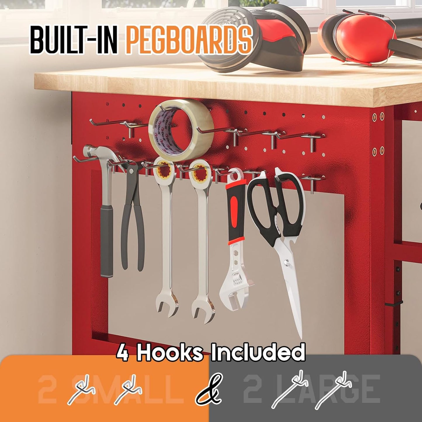 Jocisland 44" Red Adjustable Heavy Duty Workbench with 4 AC Outlet and 2 USB Ports Power Outlets, 2000 Lbs Capacity, Rubber Wood Top for Garage, Workshop, Office