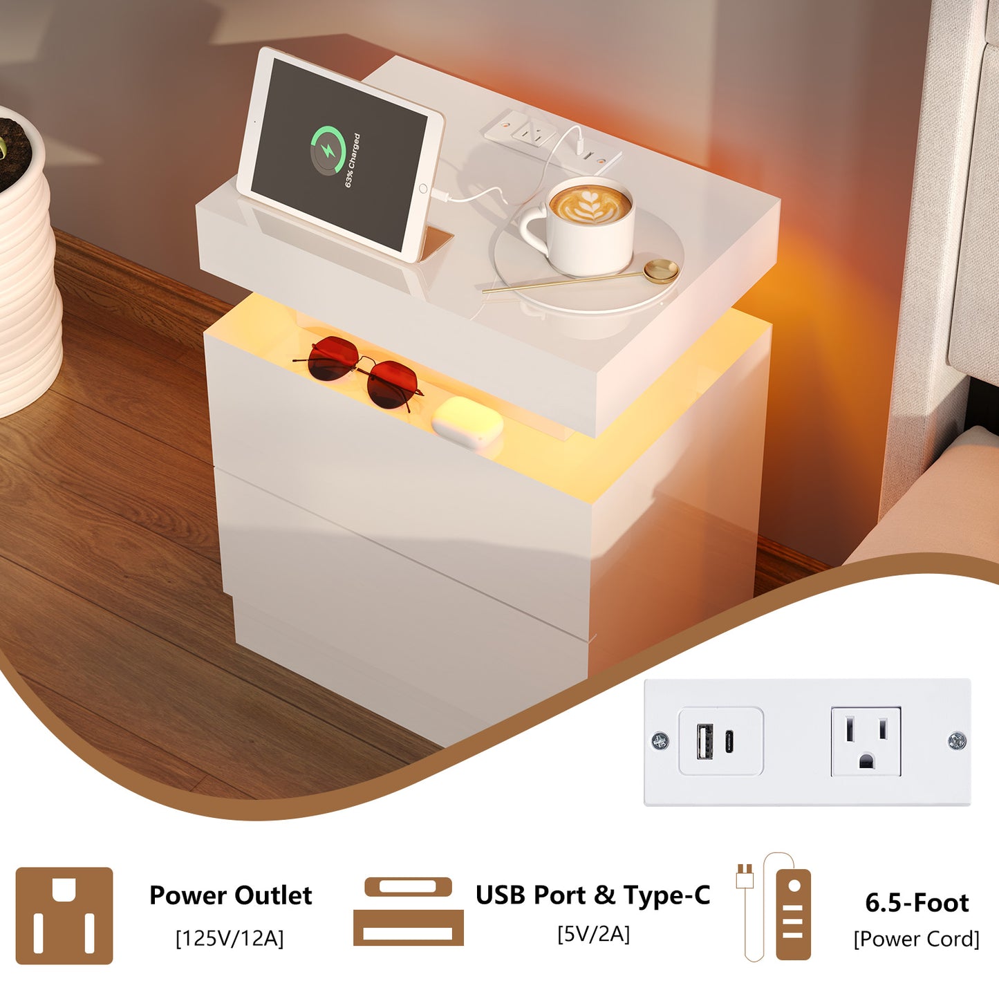 4-Piece Living Room Table Set Includes Modern 70" TV Stand, Coffee Table and Nightstands Set of 2 with LED Lights, High Glossy Coffee Table Set for Bedroom & Office, White