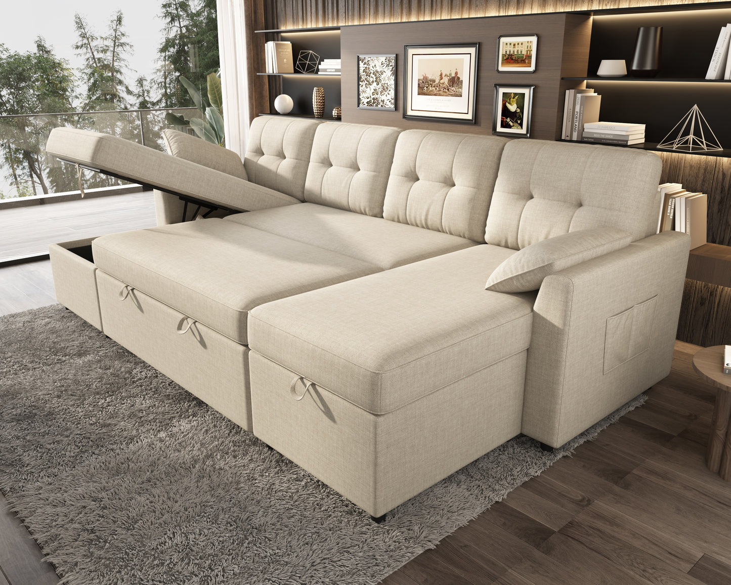 VANACC 112" Sectional Sofa with Double Storage Chaise,Reversible Pull Out Couch for Living Room,Gray