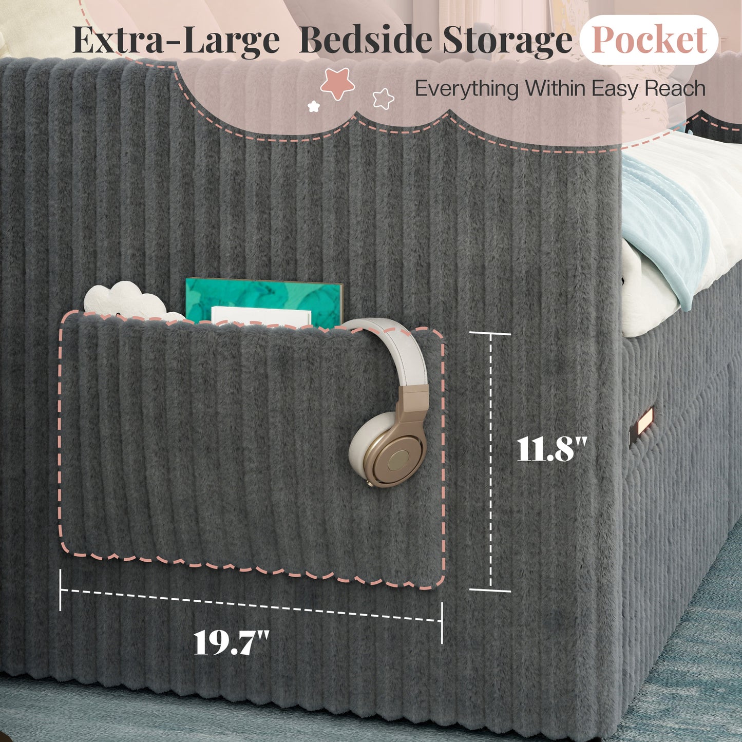 Jocisland Twin Size Corduroy Daybed with 2 Storage Drawers & Bedside Pockets, Upholstery Sofa Bed With Charging & Night Light, Easy Assembly, No Box Spring Needed, for Living Room, Bedroom