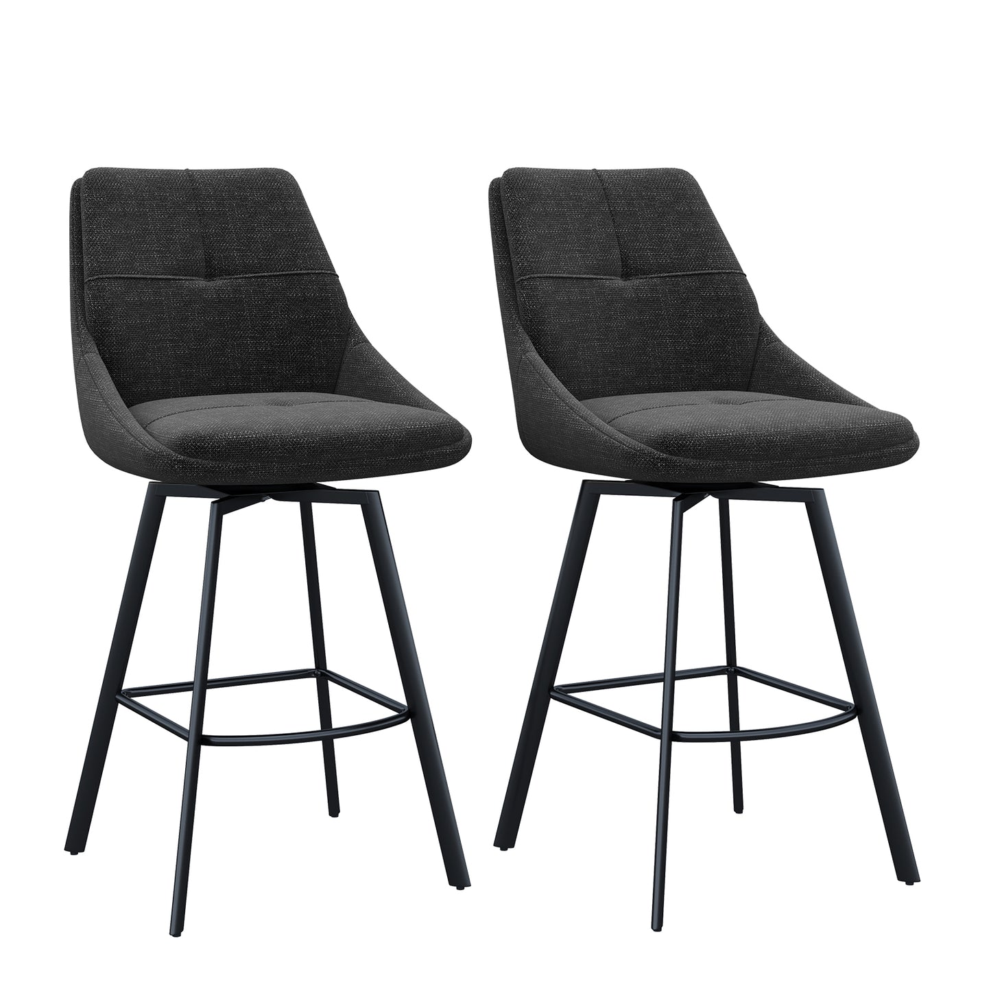 Melucy Counter Height Bar Stools Set of 2, 360° Swivel Bar Stools with Curved Back and Large Seat Cushion, 41" Tall Linen Bar Chair with Metal Footrest, Modern Barstools for Kitchen Island, Black