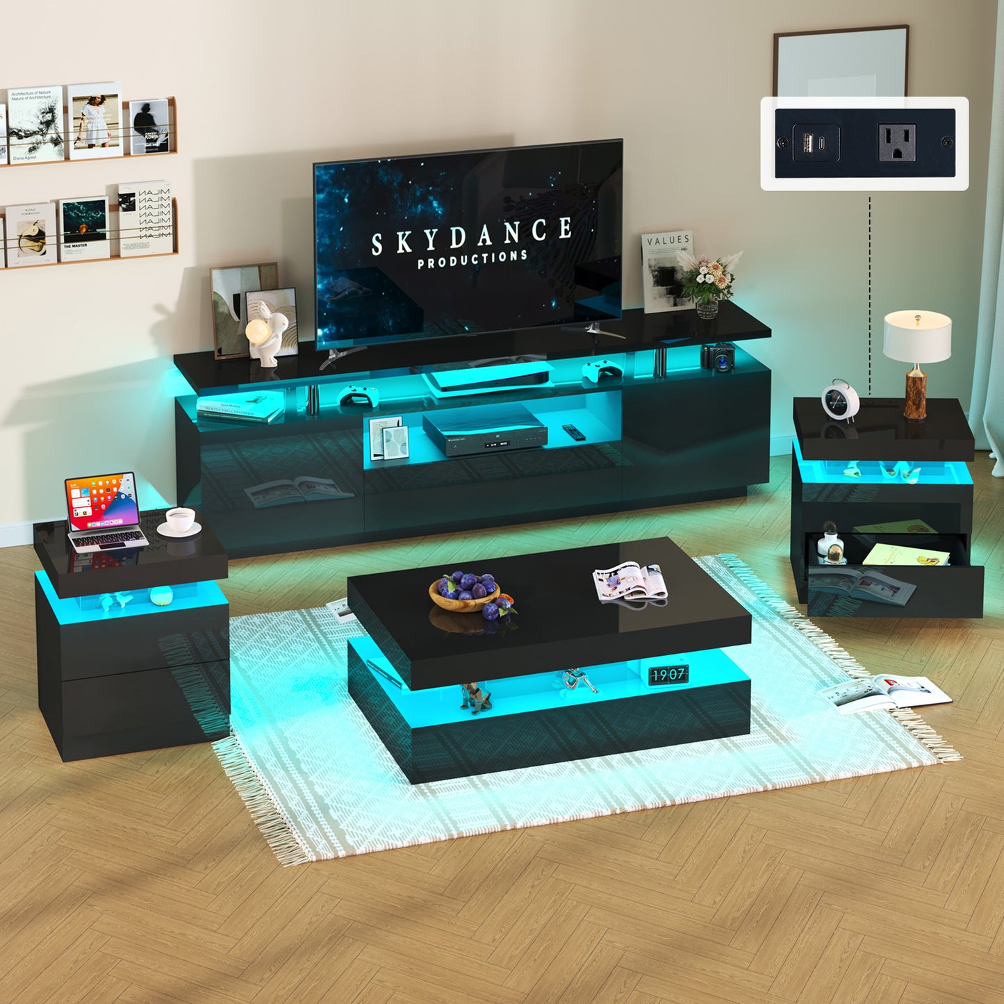 4-Piece Living Room Table Set Includes Modern 70" TV Stand, Coffee Table and Nightstands Set of 2 with LED Lights, High Glossy Coffee Table Set for Bedroom & Office, White