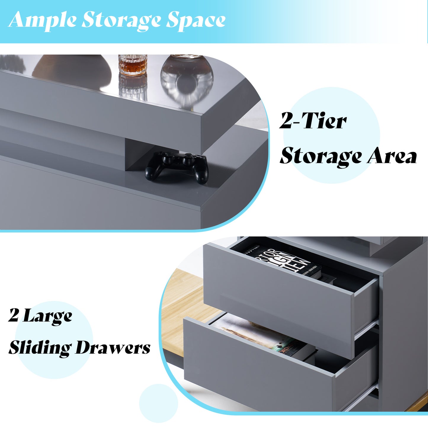 AMERLIFE High Gloss 3 Pieces Living Room Table Set, Modern LED Coffee Table Sets of 3, 2-tier Center Table with 2 End Side Tables, LED Lights Bedside Table Nightstands with Charging Station, Black