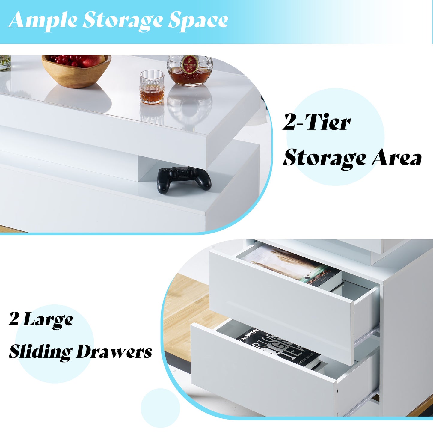 AMERLIFE High Gloss 3 Pieces Living Room Table Set, Modern LED Coffee Table Sets of 3, 2-tier Center Table with 2 End Side Tables, LED Lights Bedside Table Nightstands with Charging Station, Black