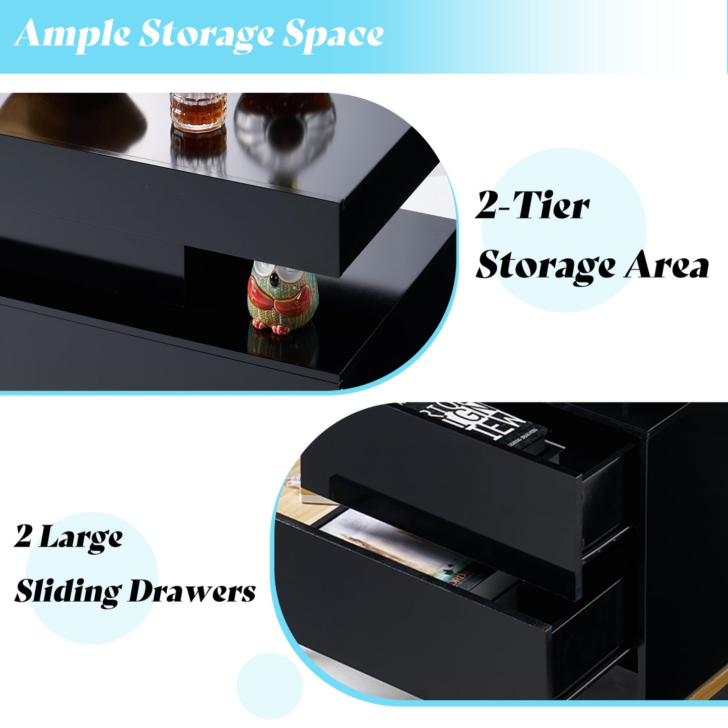 AMERLIFE High Gloss 3 Pieces Living Room Table Set, Modern LED Coffee Table Sets of 3, 2-tier Center Table with 2 End Side Tables, LED Lights Bedside Table Nightstands with Charging Station, Black