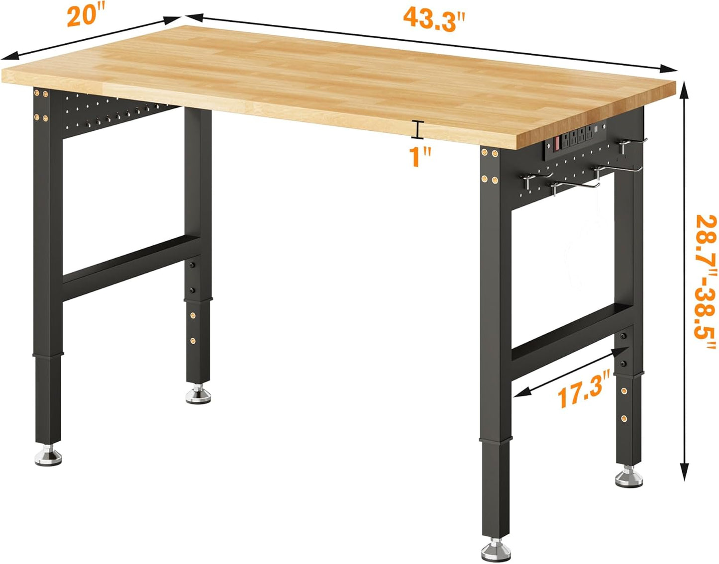 LUXOAK Adjustable Workbench with Power Outlets, 2000 Lbs Capacity Rubber Wood Top Work Benches for Garage, Heavy Duty Work bench, Office, Studio