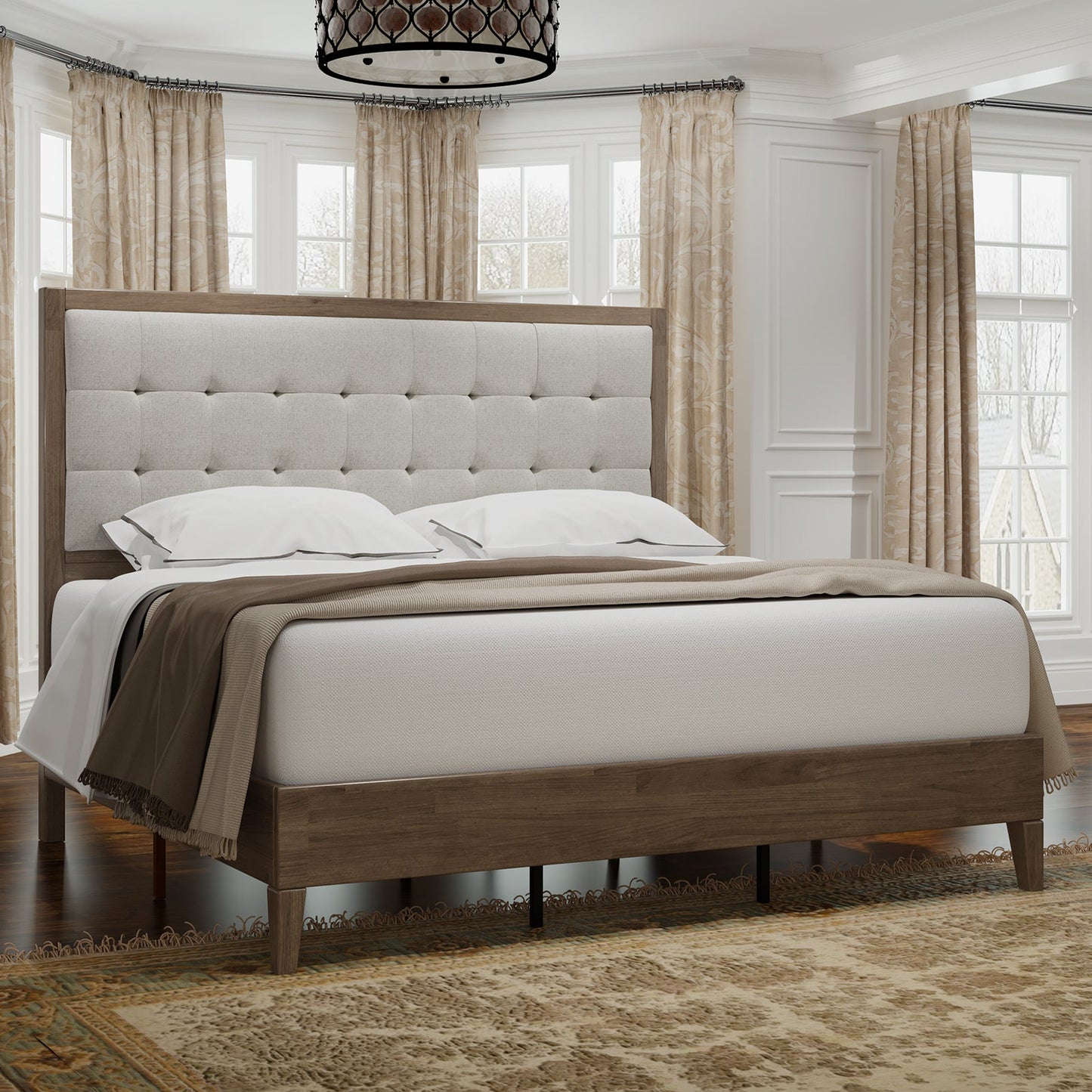 Merluxy Bed Frame, Wood Platform Bed with Upholstered Headboard