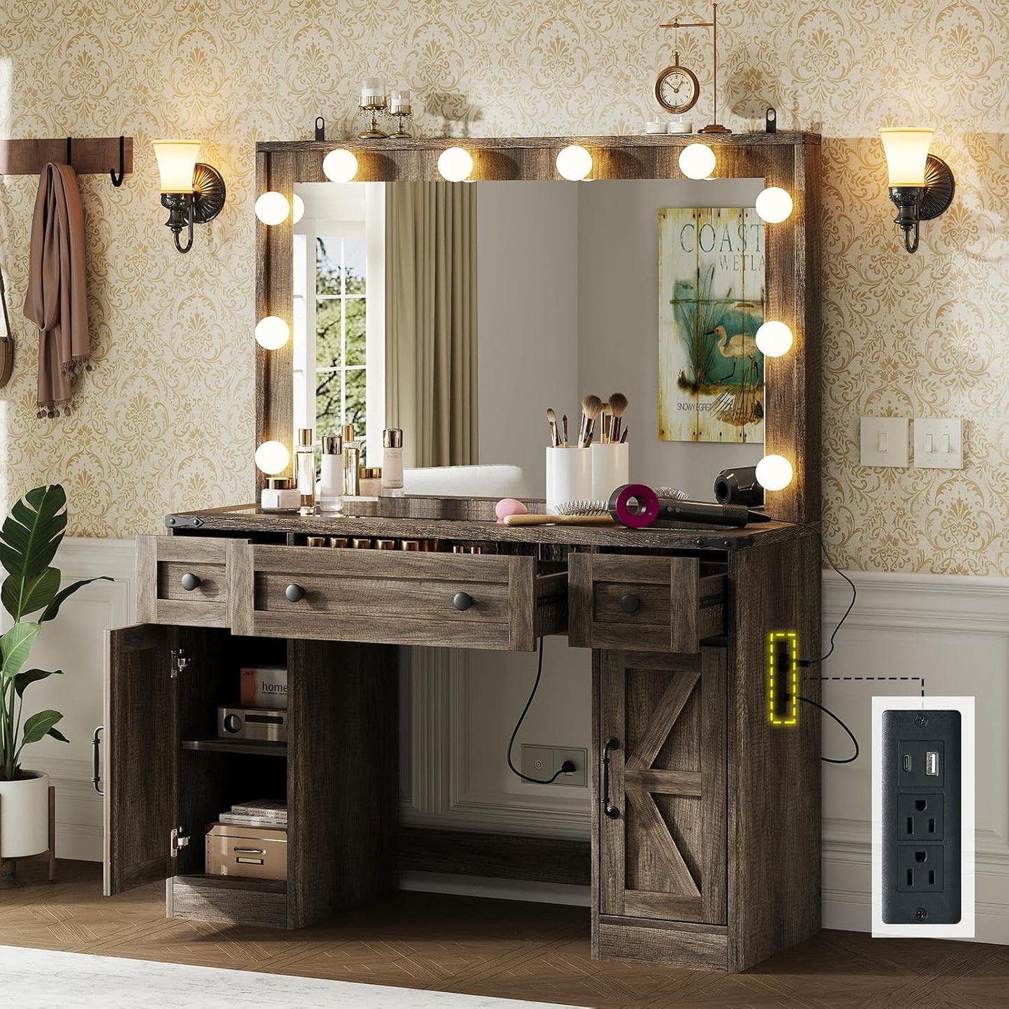 Farmhouse Makeup Vanity Table Set with Mirror, Lights, Drawers & Charging Station, White
