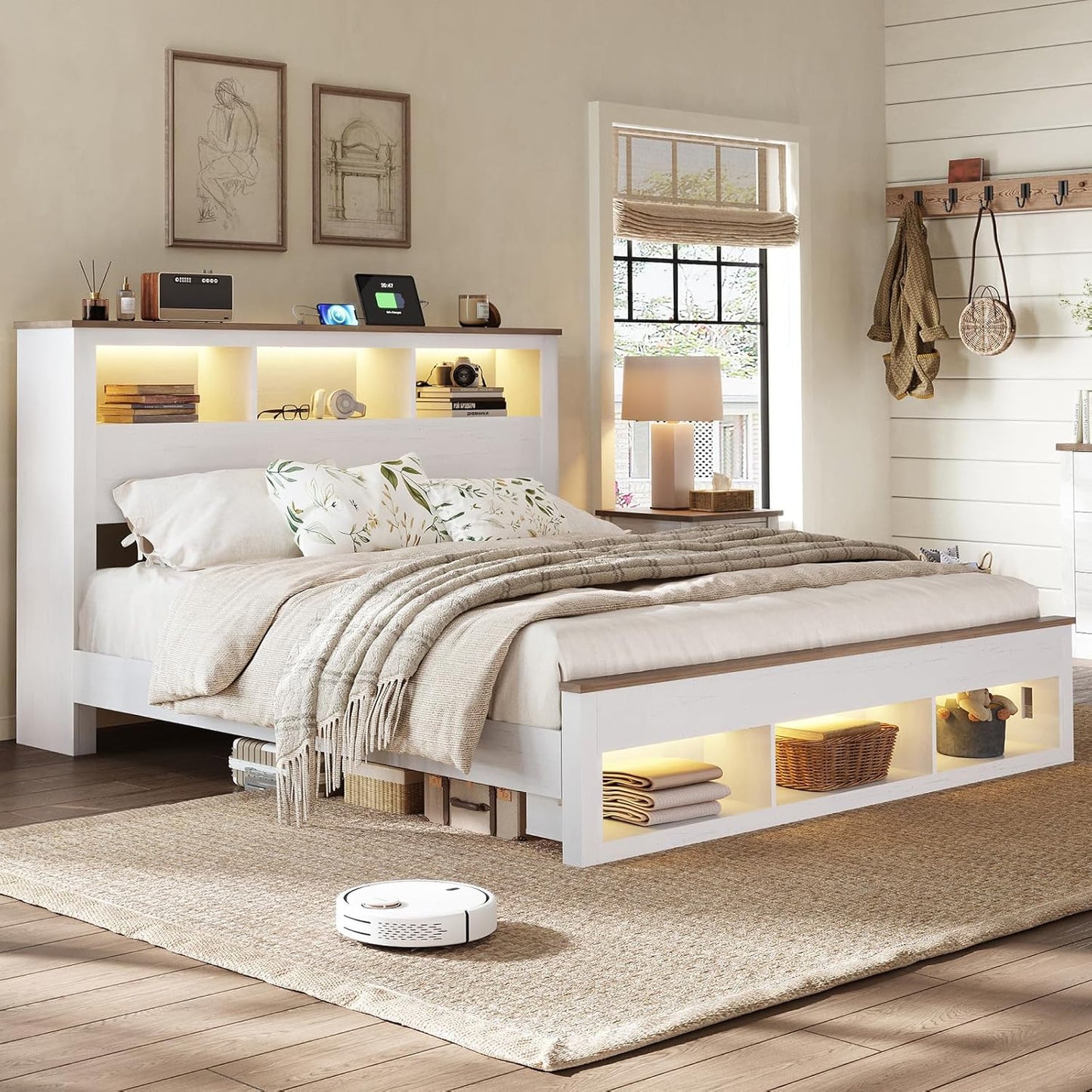 VANACC Farmhouse Bed Frame with Storage Bookcase Headboard and Footboard, Storage Wood Platform Bed Frame with Wood Slats Support, Noiseless LED Bed Frame