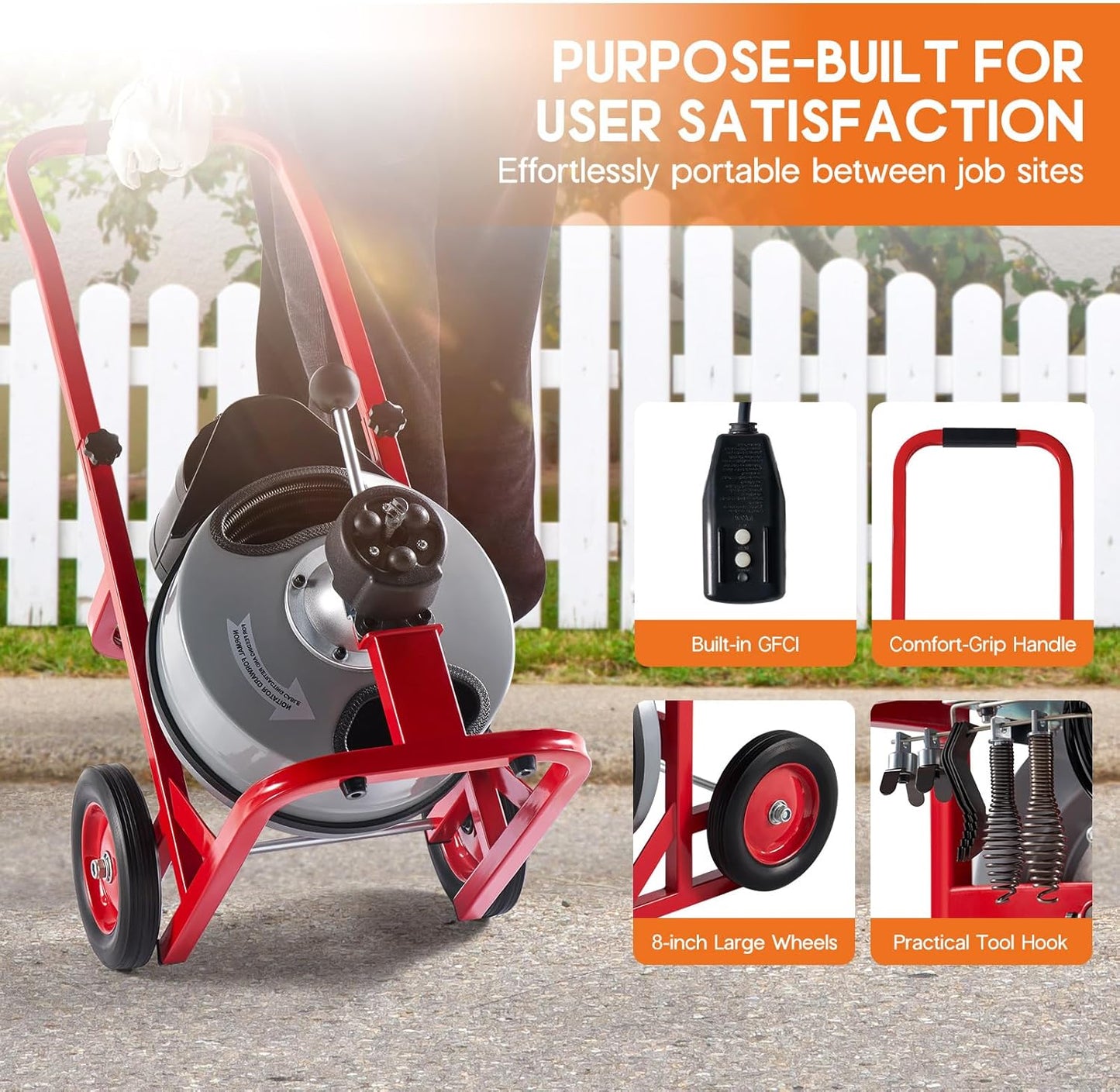 Jocisland 75 FT x 3/8 inch Drain Cleaner Machine, Auto Feed Electric Drain Snake with 10 Cutters & Air-activated Foot Switch for 1 to 4 Inch Pipes, Sewer Snake Auger, Grey/Red