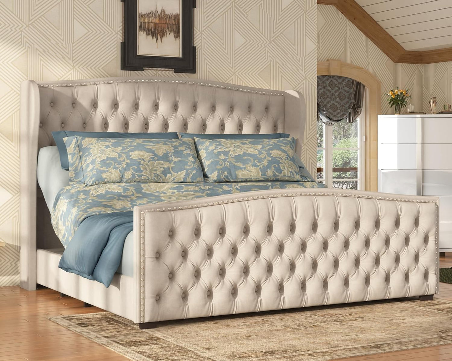 51" H Queen Size Adjustable Bed Frame with Dual Motor/Nailhead Trim Wingback, Cream