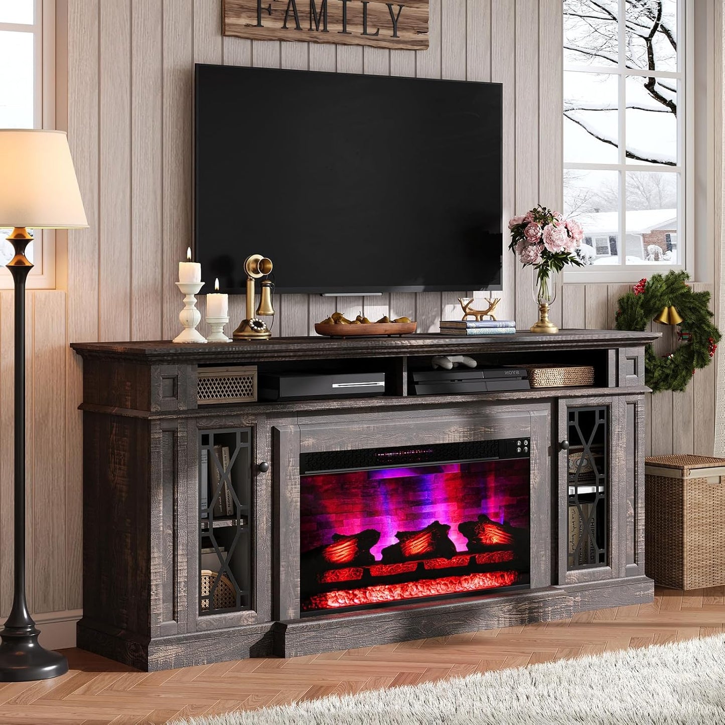 Merluxy 70" Farmhouse Heavy Fireplace TV Stand with 33" Electric Fireplace, for 80" TVs up, Media Entertainment Center with Diamond Door, TV Console Storage Cabinet for Living Room
